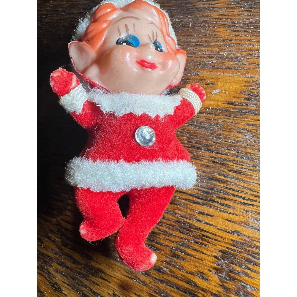 Vintage Christmas Flocked Elf Figurine Red Santa Suit Hong Kong Retro Decor 2.5